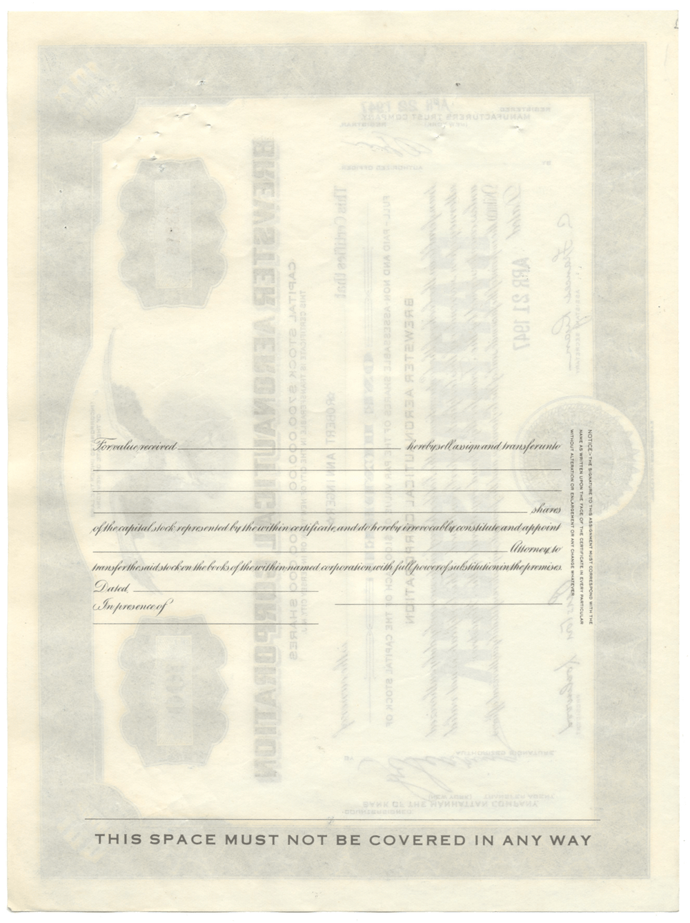 Brewster Aeronautical Corporation Stock Certificate