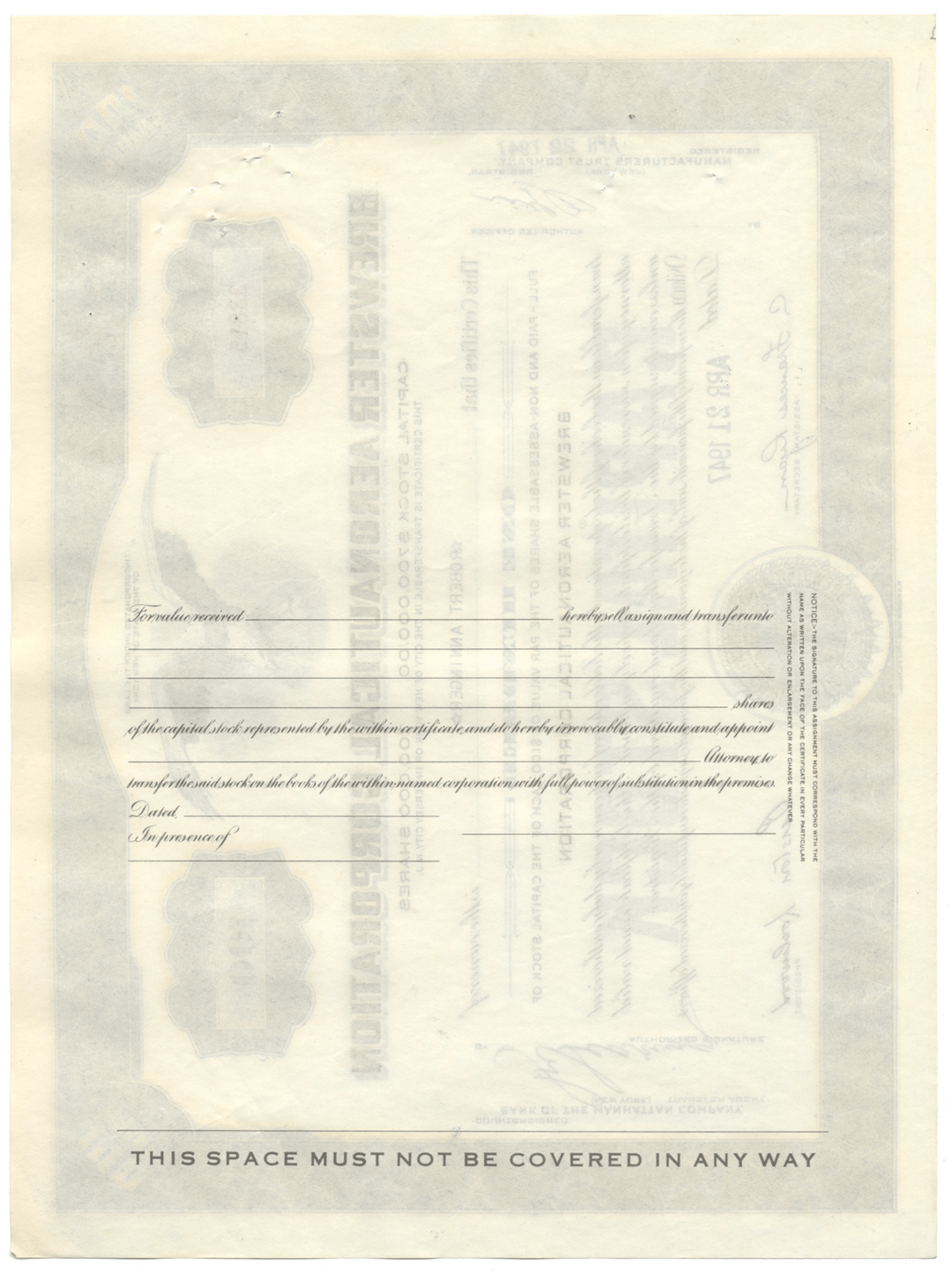 Brewster Aeronautical Corporation Stock Certificate