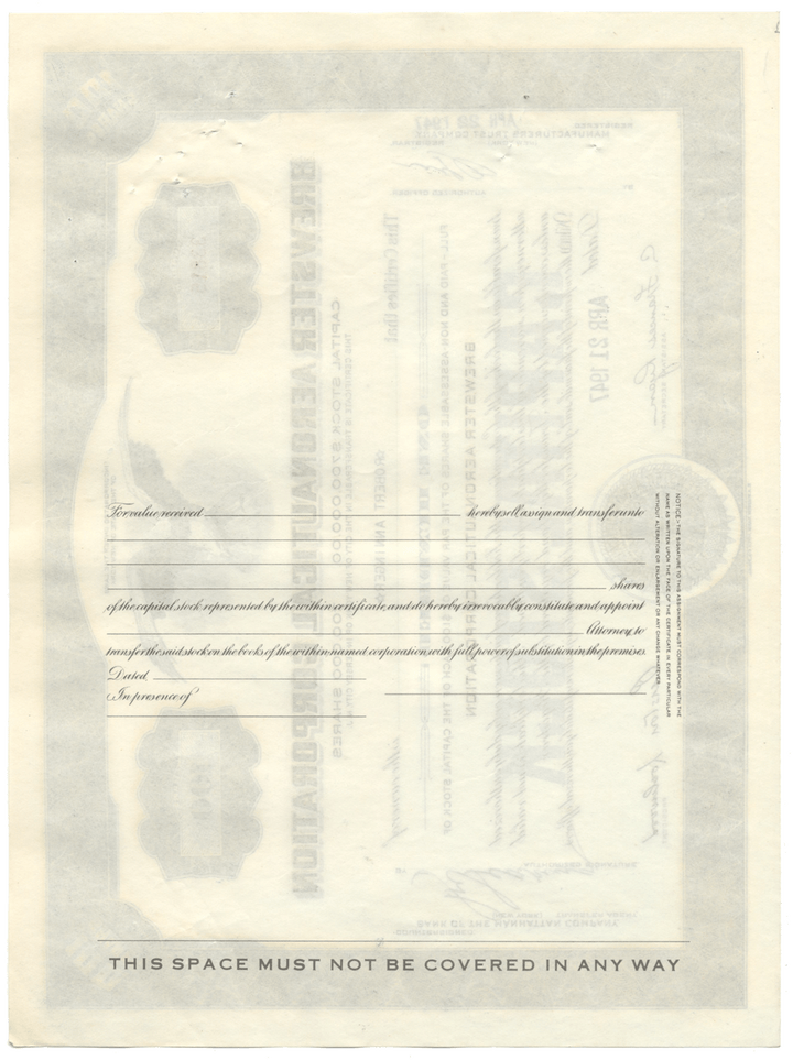 Brewster Aeronautical Corporation Stock Certificate