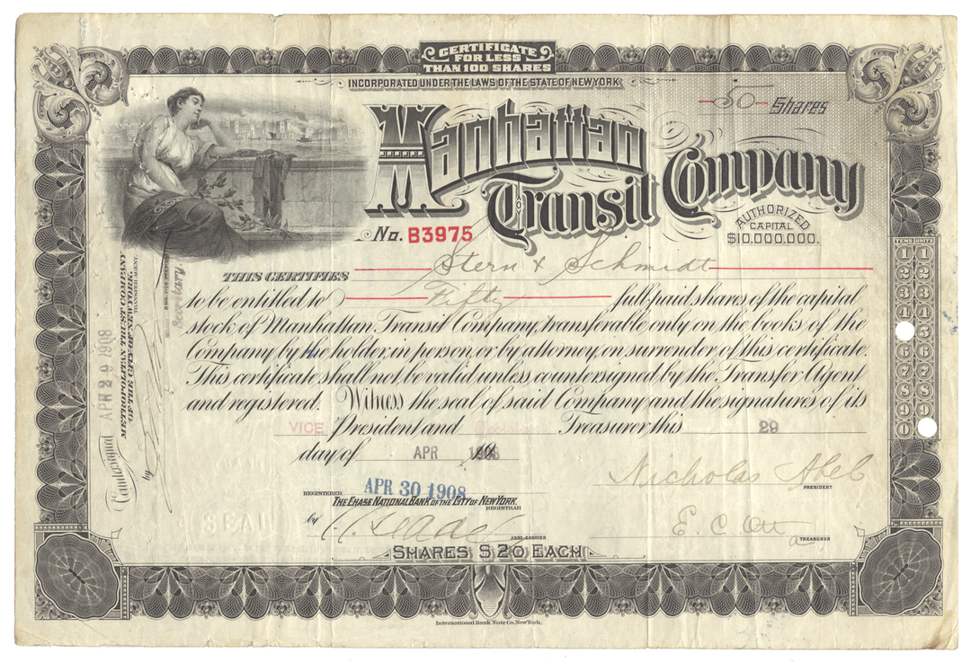 An antique stock certificate for the Manhattan Transit Company, dated April 30, 1908