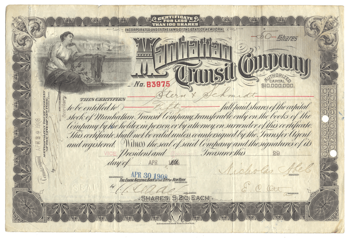 An antique stock certificate for the Manhattan Transit Company, dated April 30, 1908