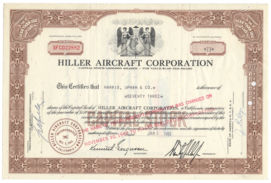 Hiller Aircraft Corporation Stock Certificate