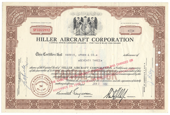 Hiller Aircraft Corporation Stock Certificate