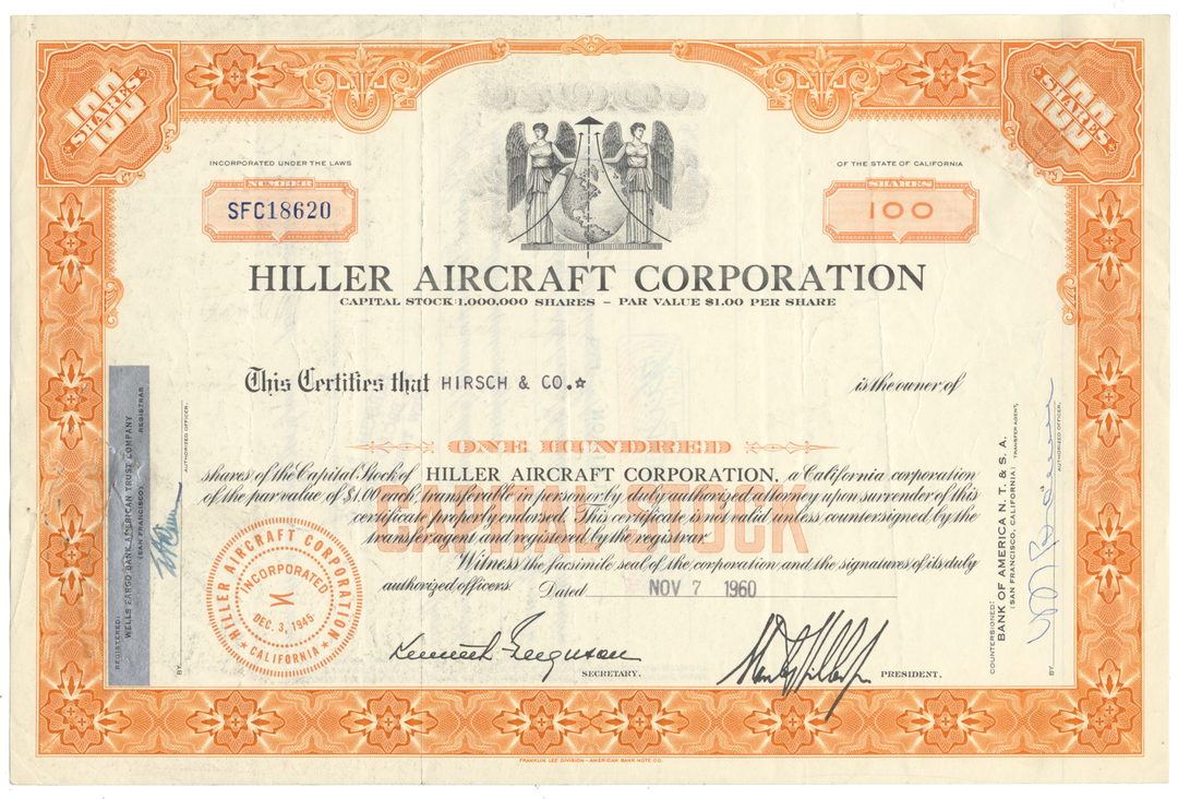 Hiller Aircraft Corporation Stock Certificate