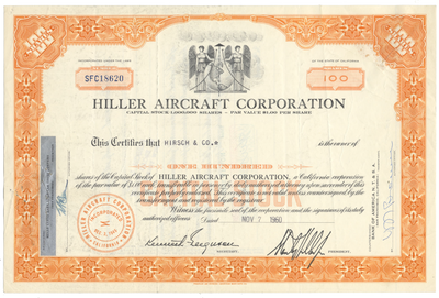 Hiller Aircraft Corporation Stock Certificate
