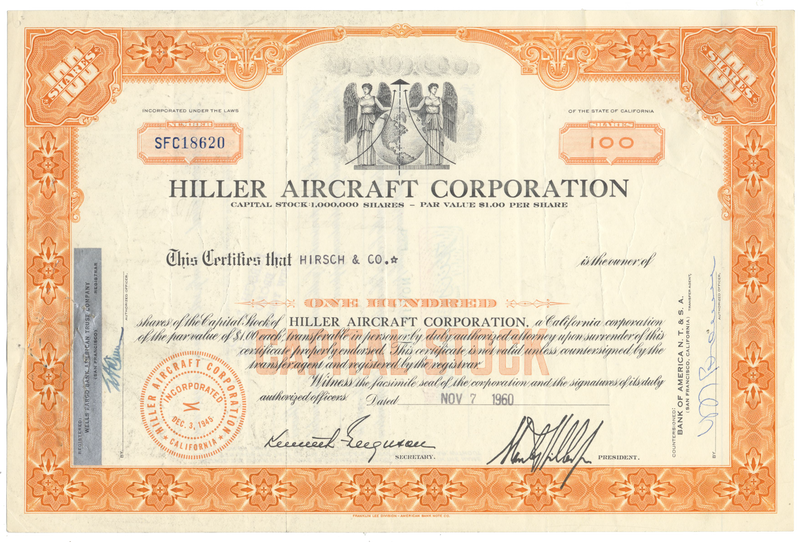 Hiller Aircraft Corporation Stock Certificate