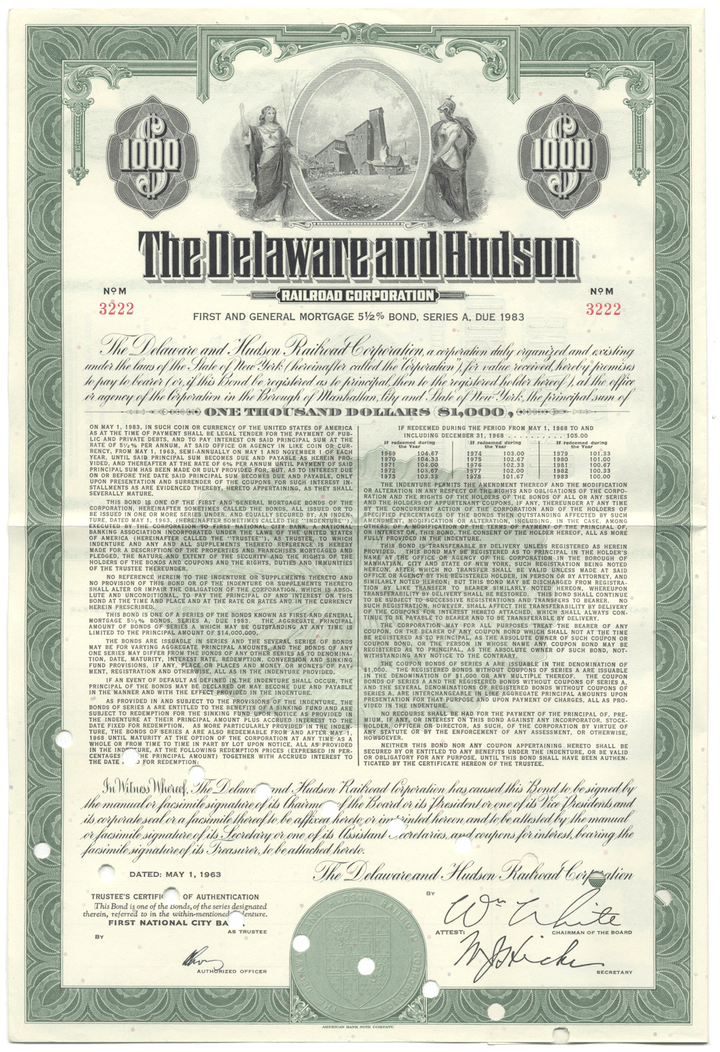 Delaware and Hudson Railroad Corporation Bond Certificate