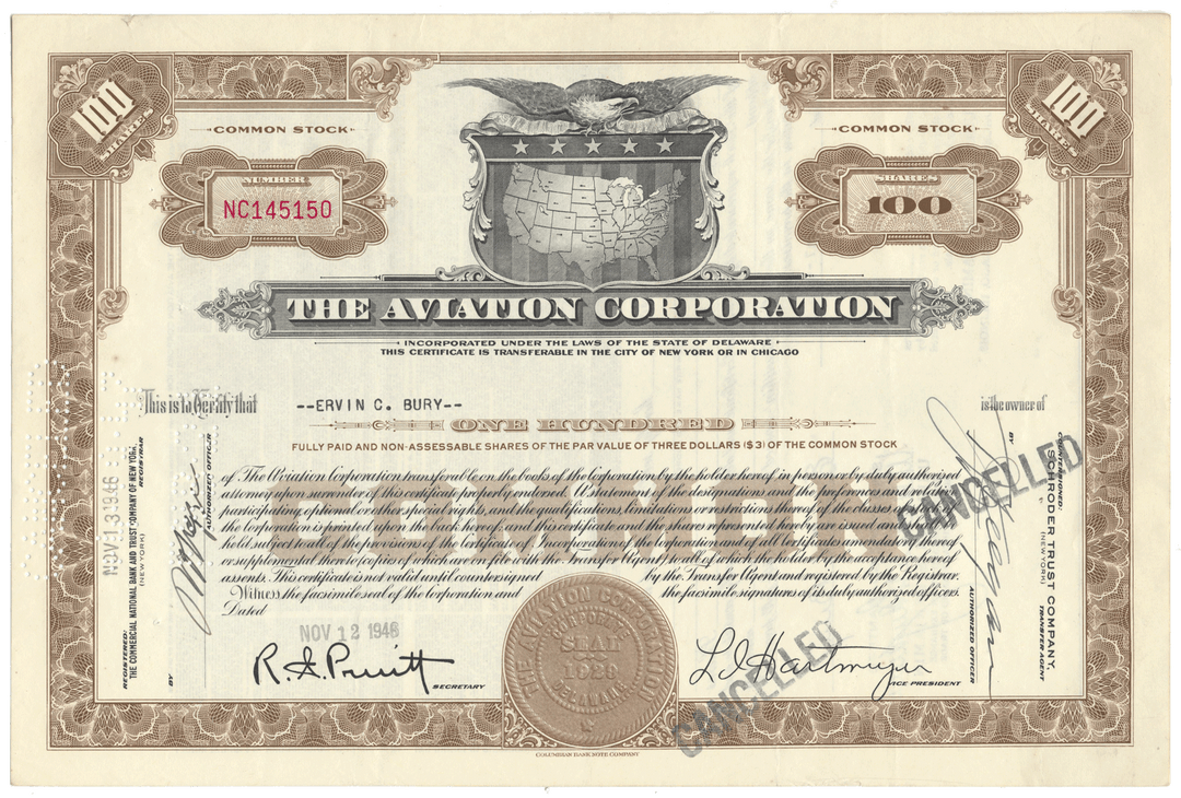 Stock certificate of The Aviation Corporation with detailed design and text.