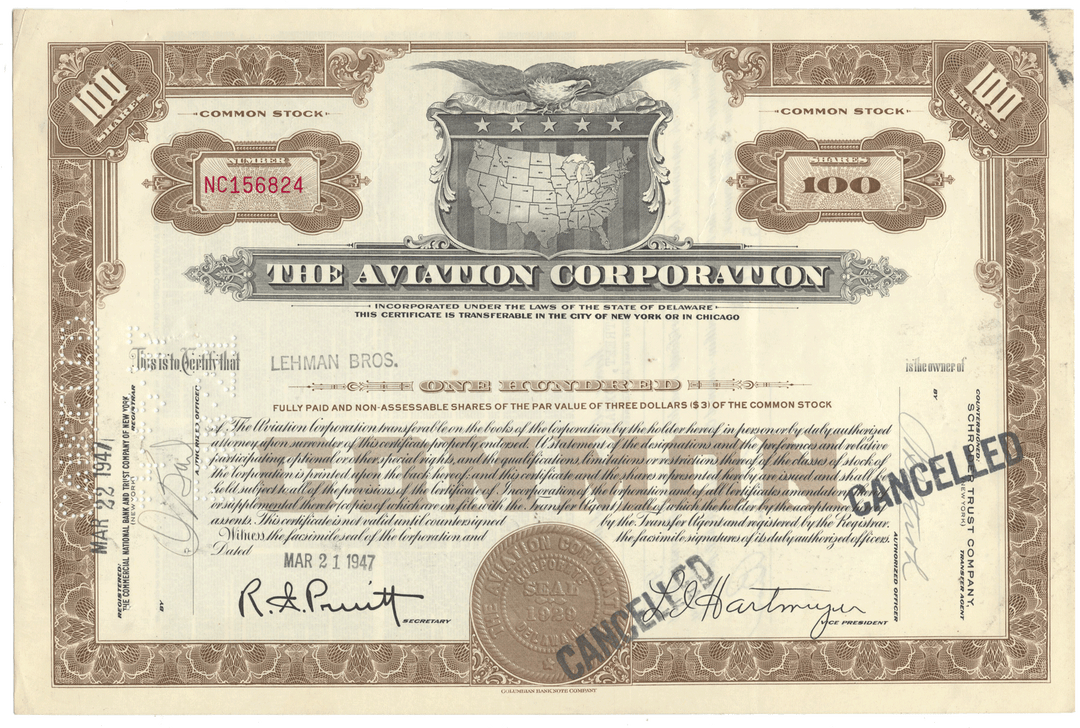 Stock certificate for The Aviation Corporation with decorative elements and text.