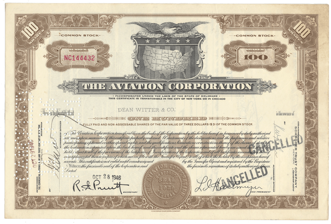 Stock certificate of The Aviation Corporation with decorative elements and text.