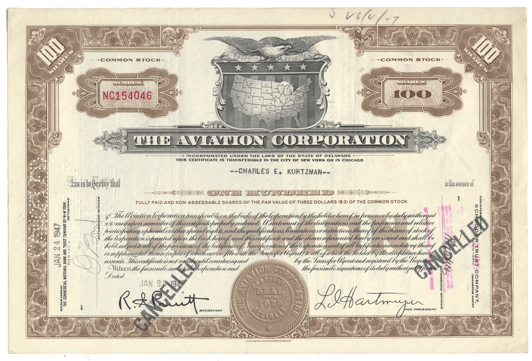 Stock certificate of The Aviation Corporation with an eagle emblem and text.