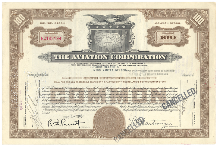 Aviation Corporation Stock Certificate