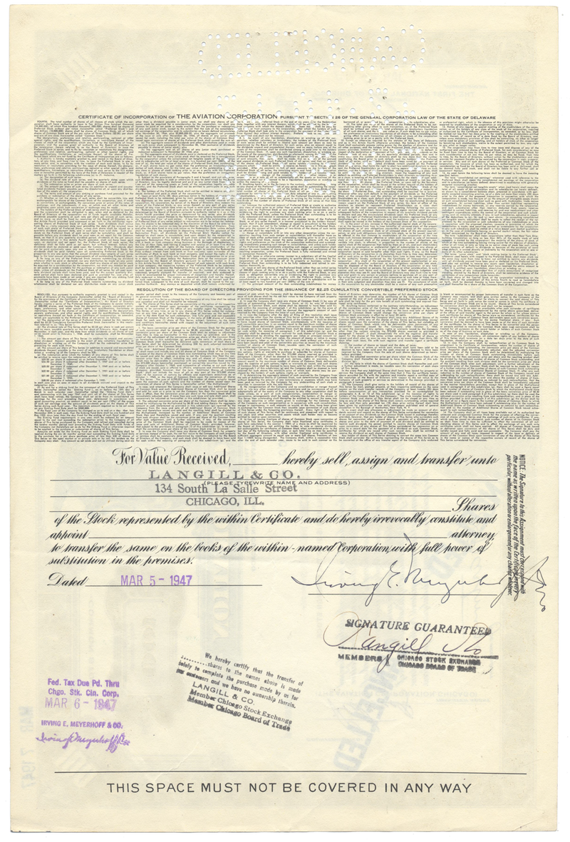 Aviation Corporation Stock Certificate