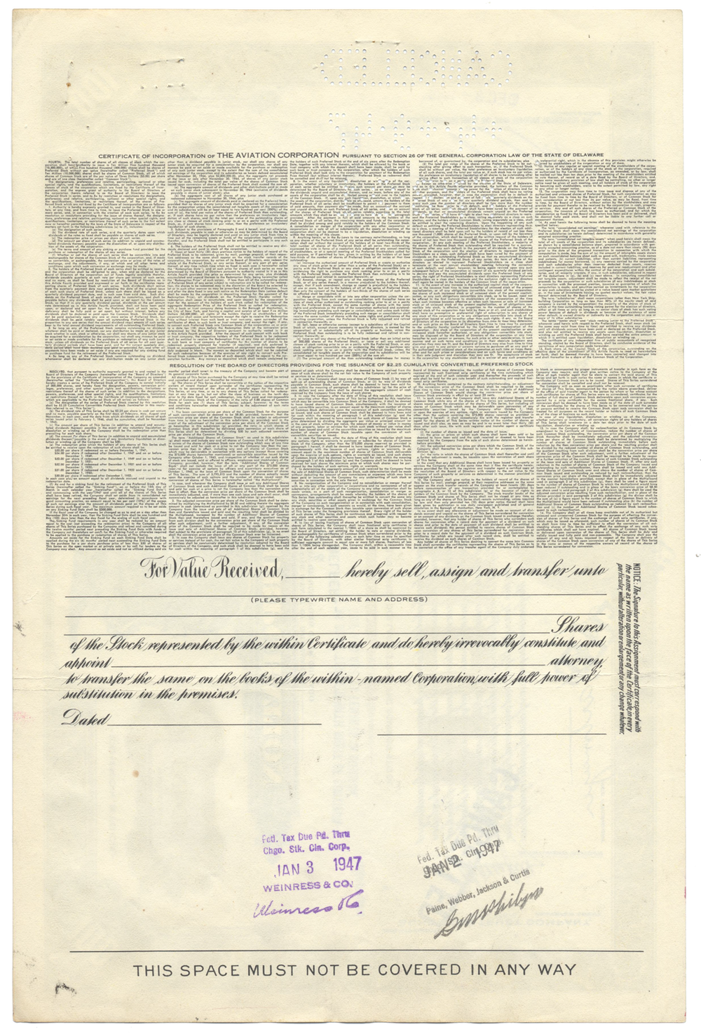 Aviation Corporation Stock Certificate