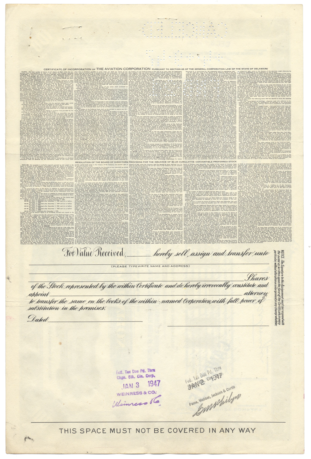 Aviation Corporation Stock Certificate