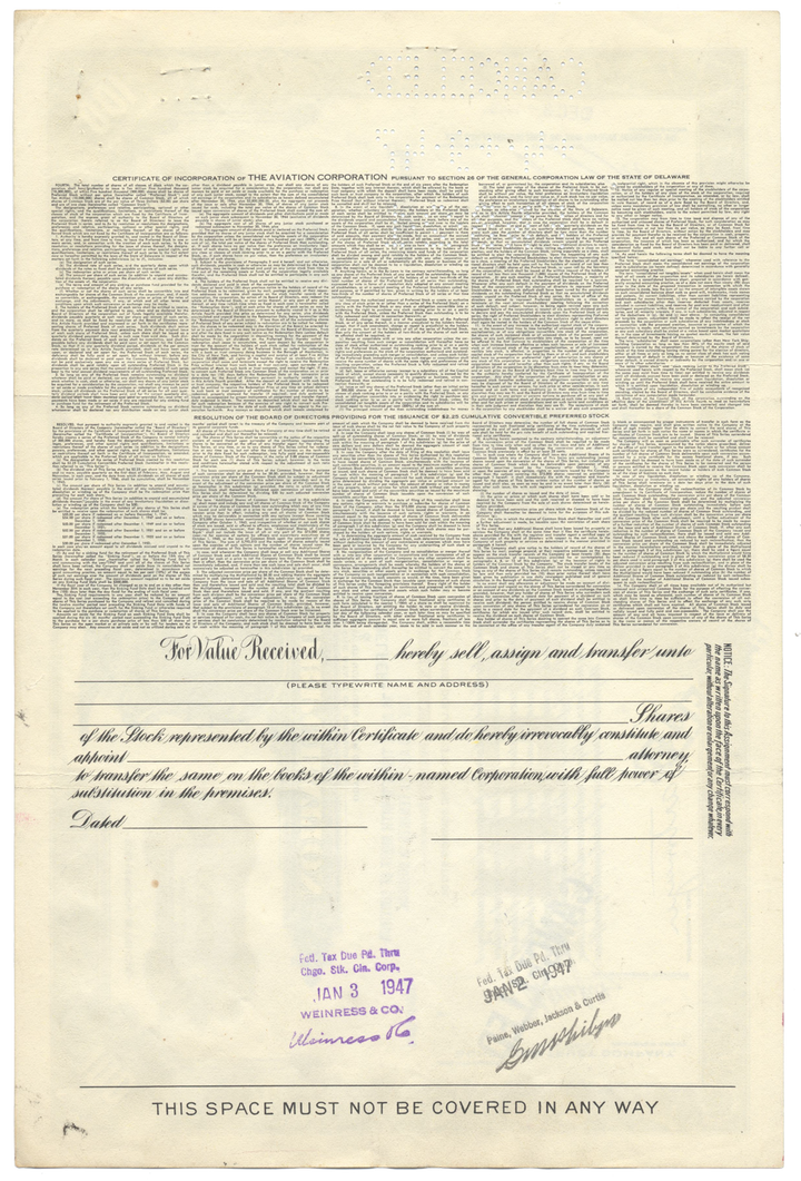 Aviation Corporation Stock Certificate