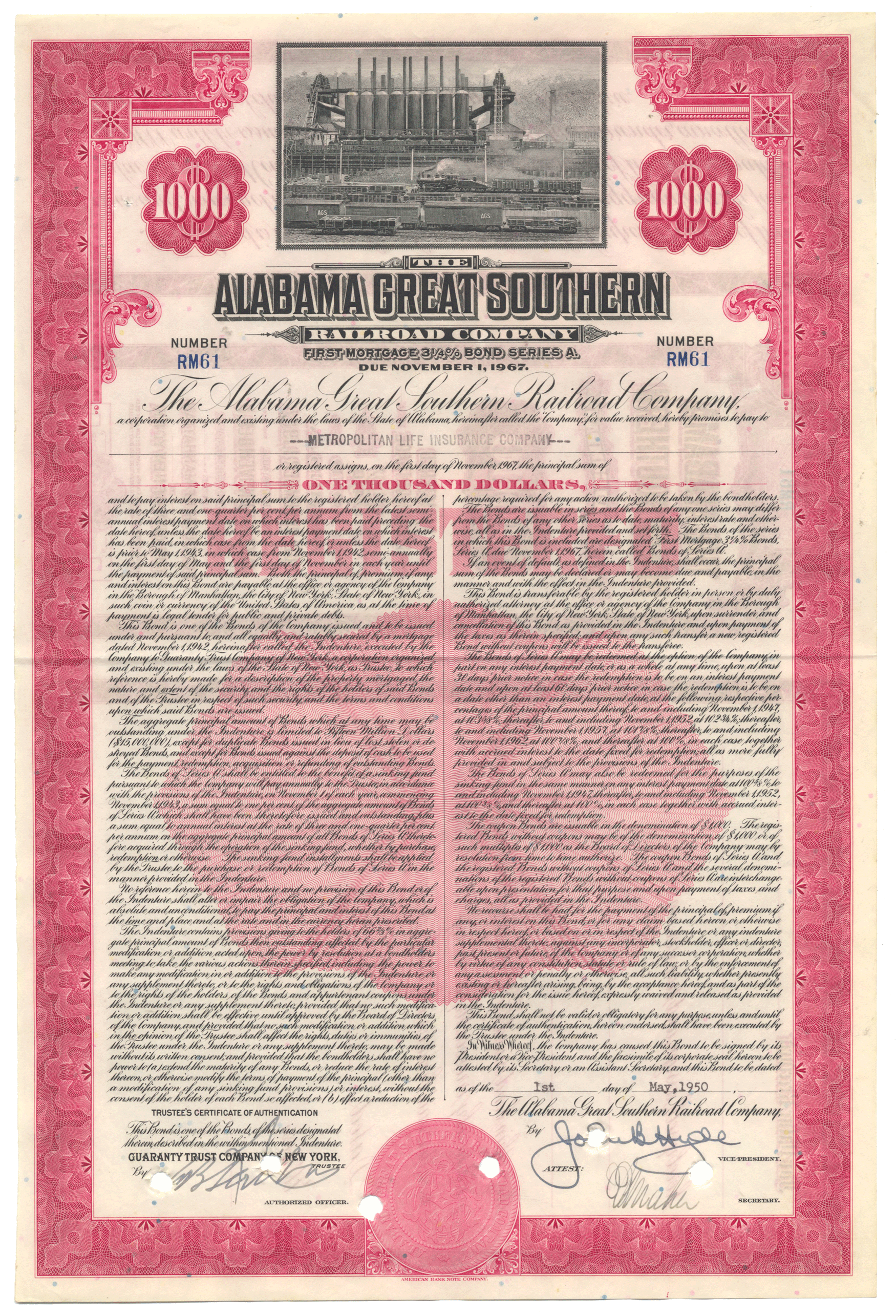 Historical bond certificate of the Alabama Great Southern Railroad Company with red and black design.