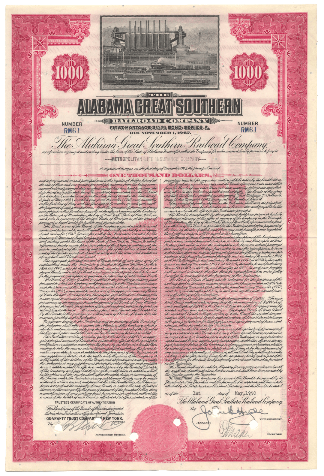 Historical bond certificate of the Alabama Great Southern Railroad Company with red and black design.