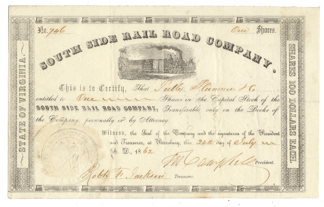 Stock certificate from the South Side Rail Road Company of Virginia, issued in 1862.