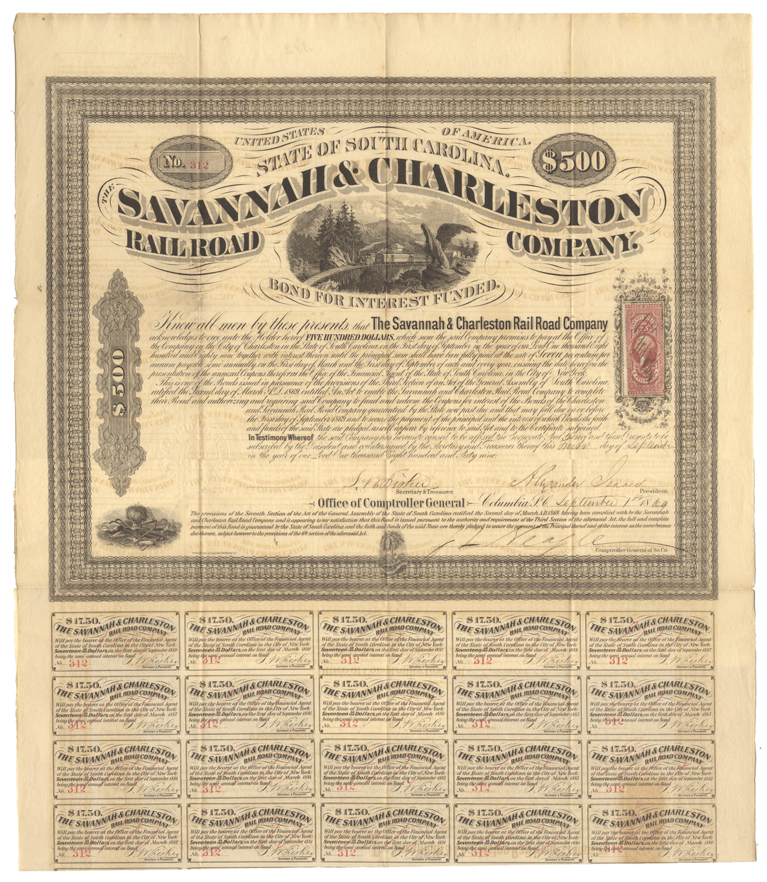 Savannah & Charleston Rail Road Company bond certificate from 1869.