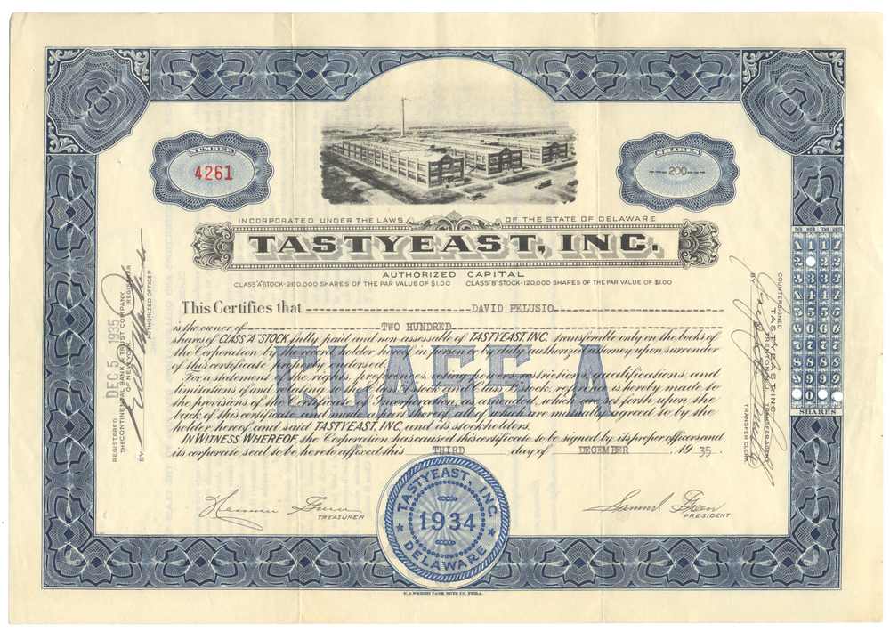 Tastyeast, Inc. Stock Certificate