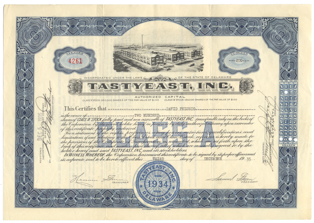 Tastyeast, Inc. Stock Certificate