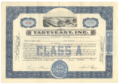 Tastyeast, Inc. Stock Certificate