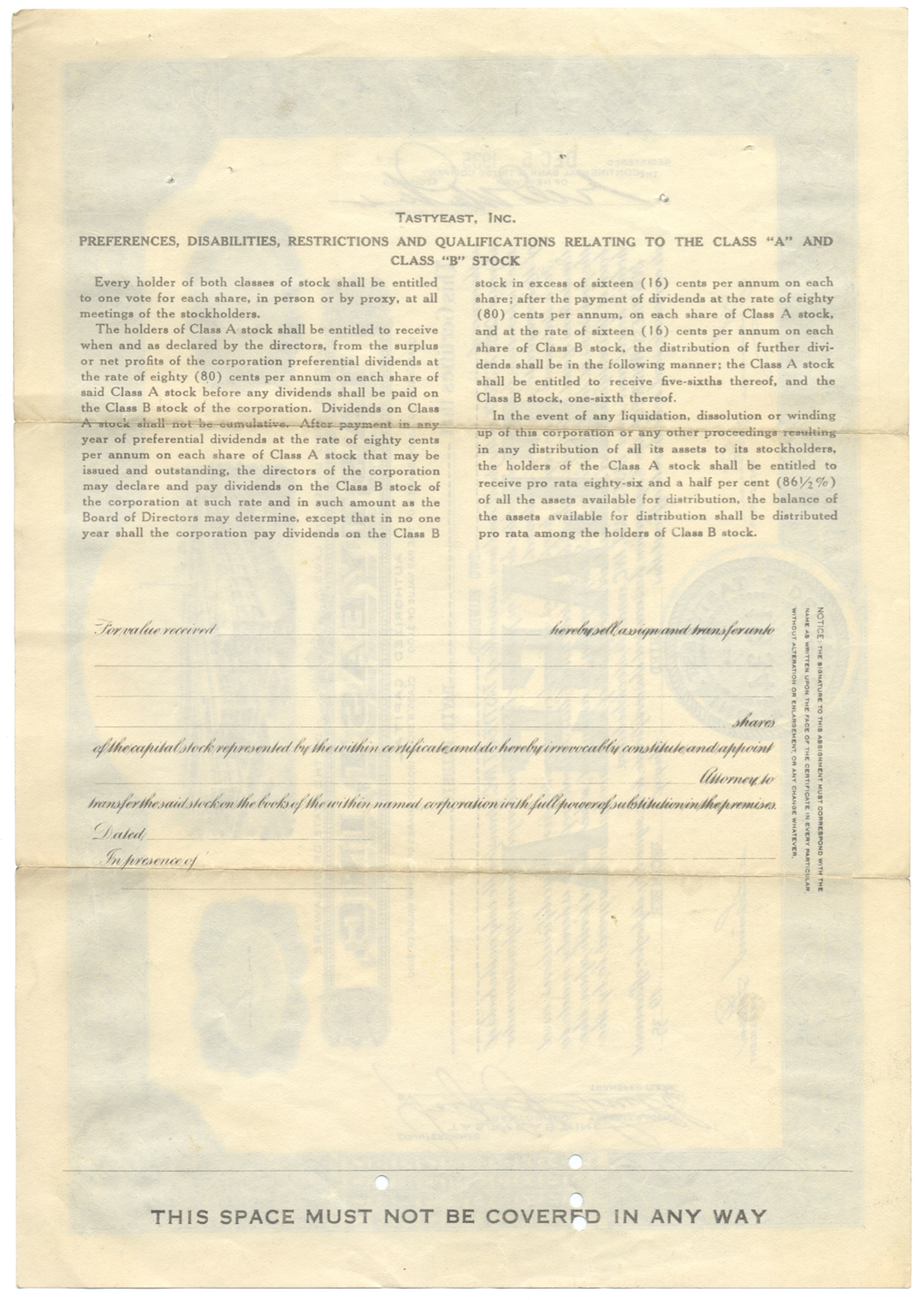 Tastyeast, Inc. Stock Certificate