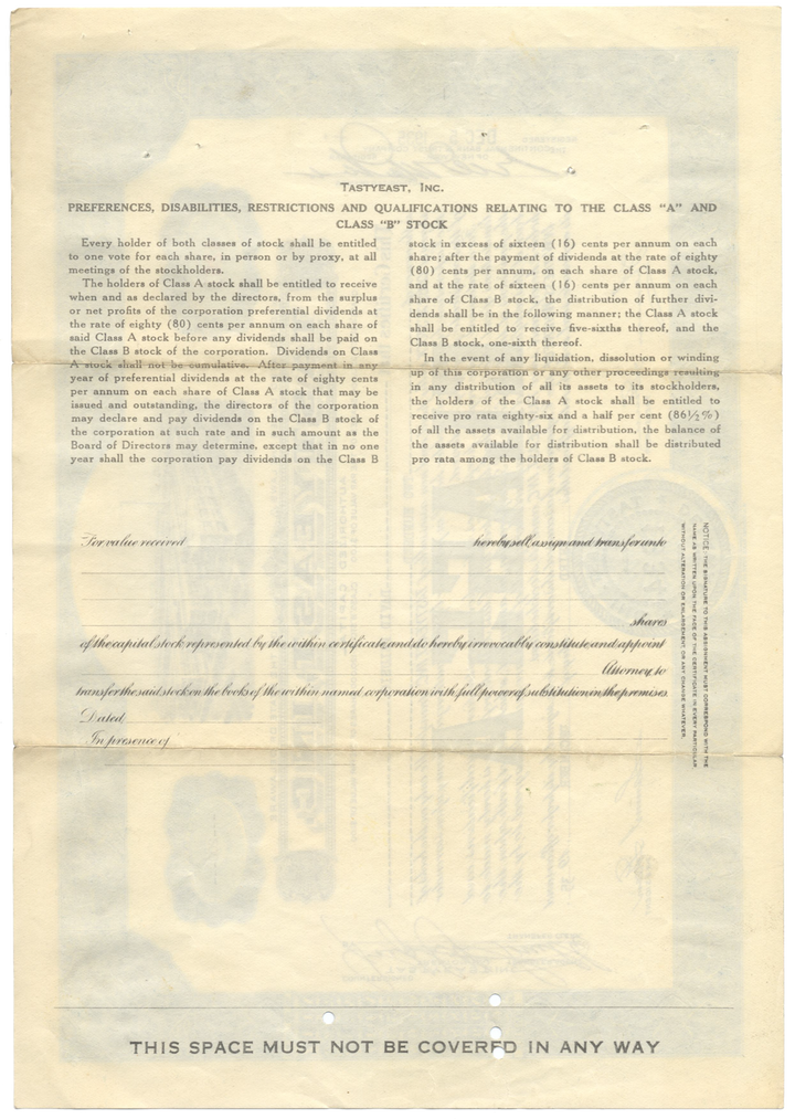 Tastyeast, Inc. Stock Certificate