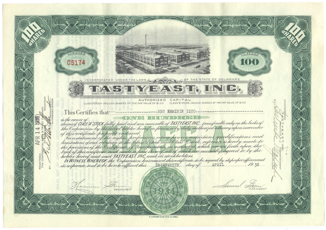 Tastyeast, Inc. Stock Certificate