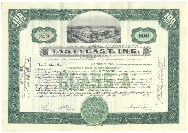 Tastyeast, Inc. Stock Certificate