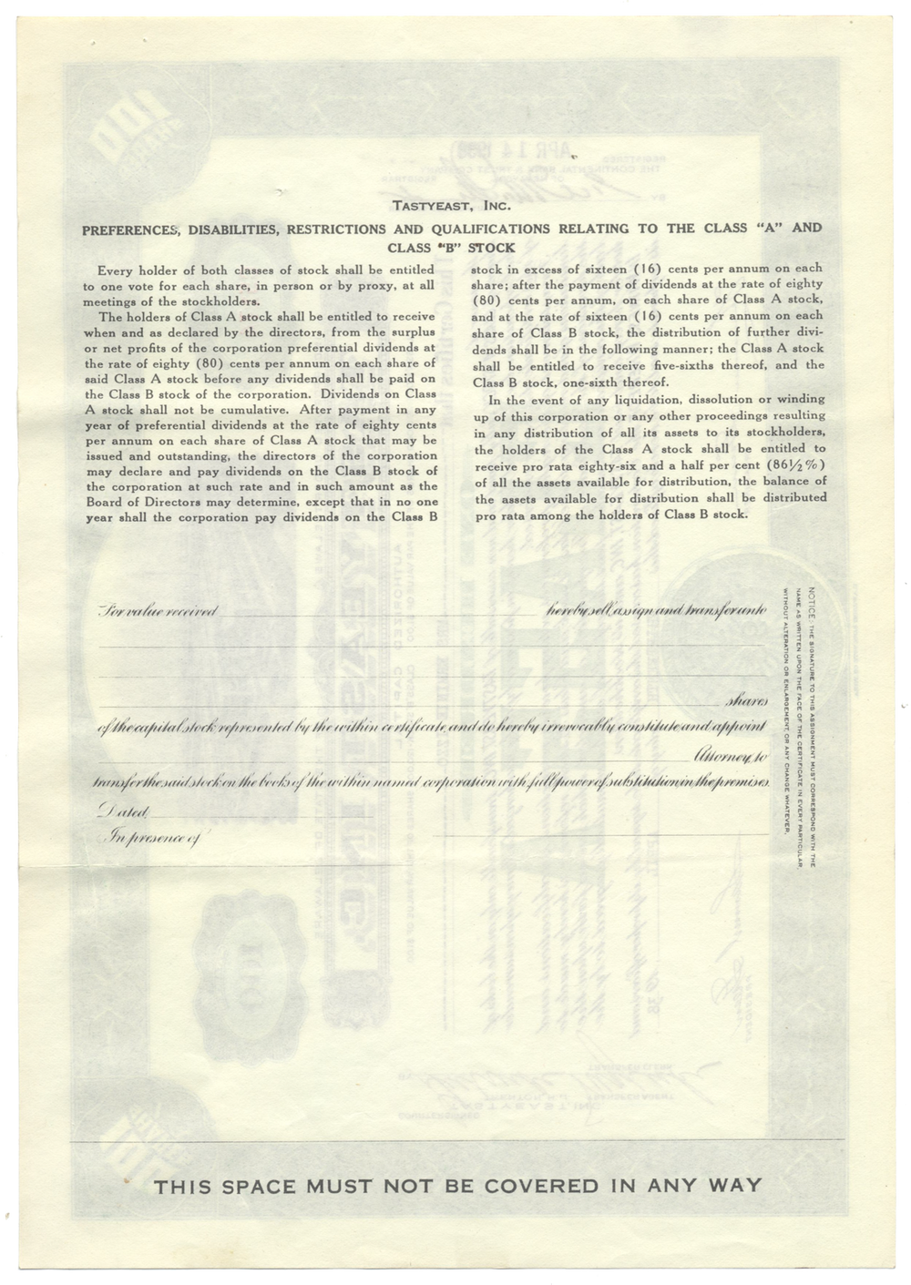 Tastyeast, Inc. Stock Certificate