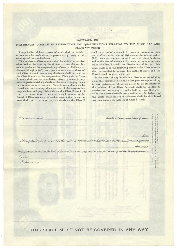 Tastyeast, Inc. Stock Certificate