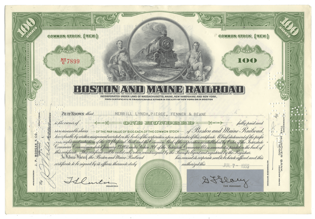 Boston and Maine Railroad stock certificate with green border and train illustration from 1955