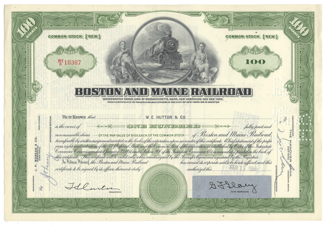 A vintage Boston and Maine Railroad stock certificate from 1956