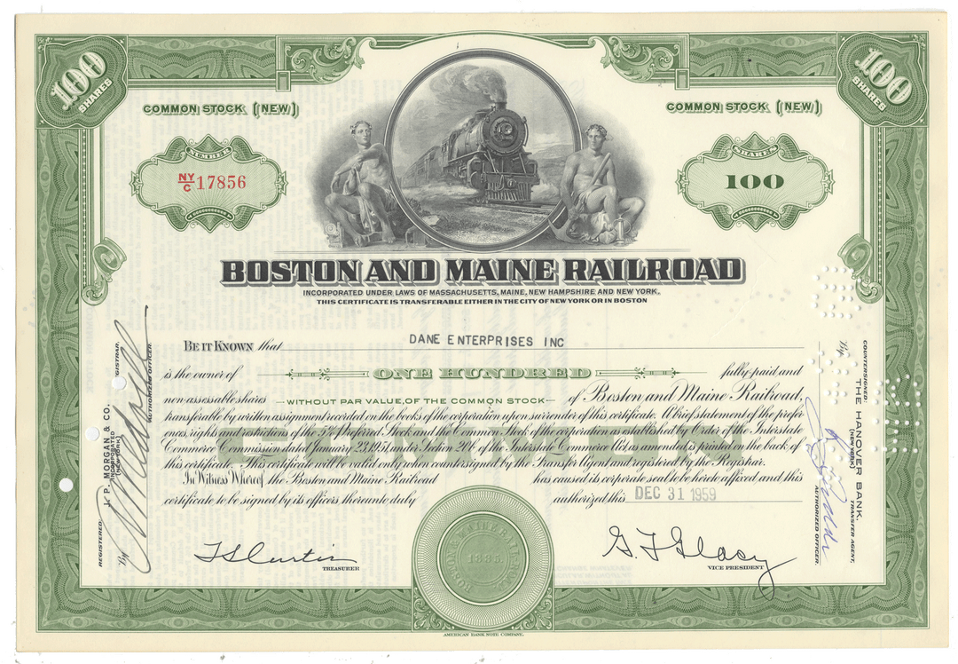 Boston and Maine Railroad stock certificate dated 1959