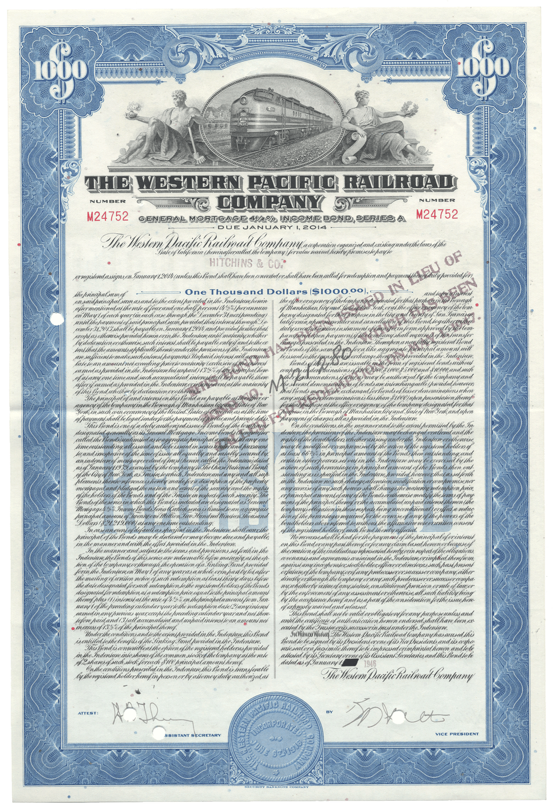 Bond certificate of the Western Pacific Railroad Company from 1946