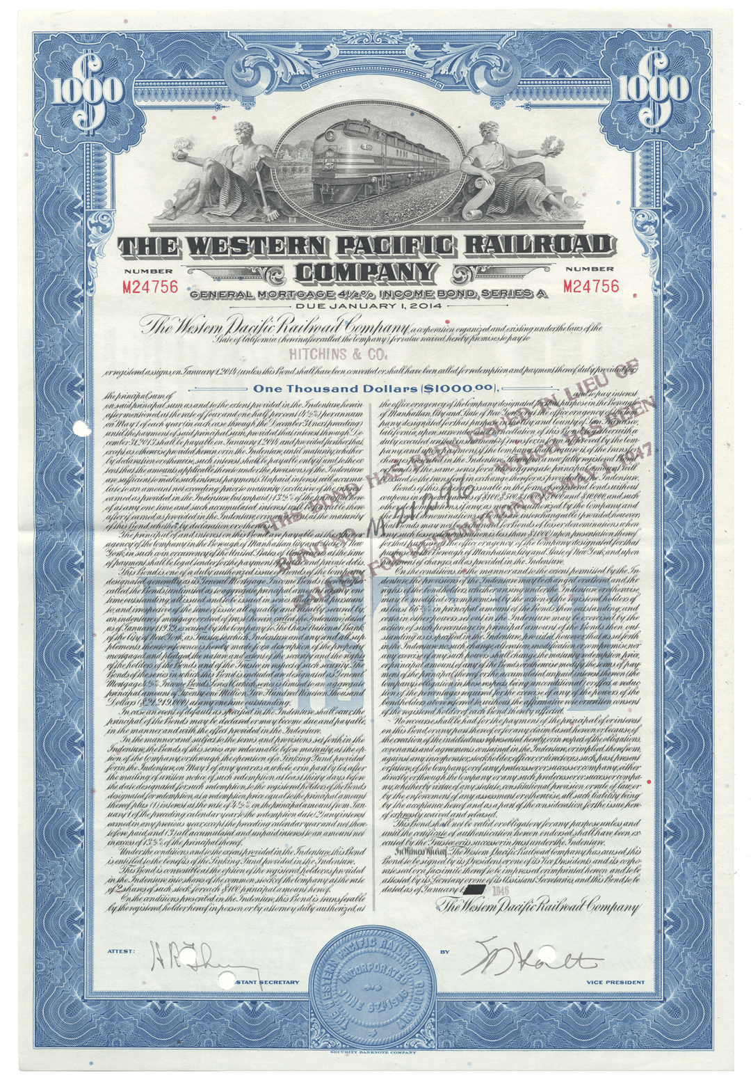 Bond certificate of The Western Pacific Railroad Company from 1946