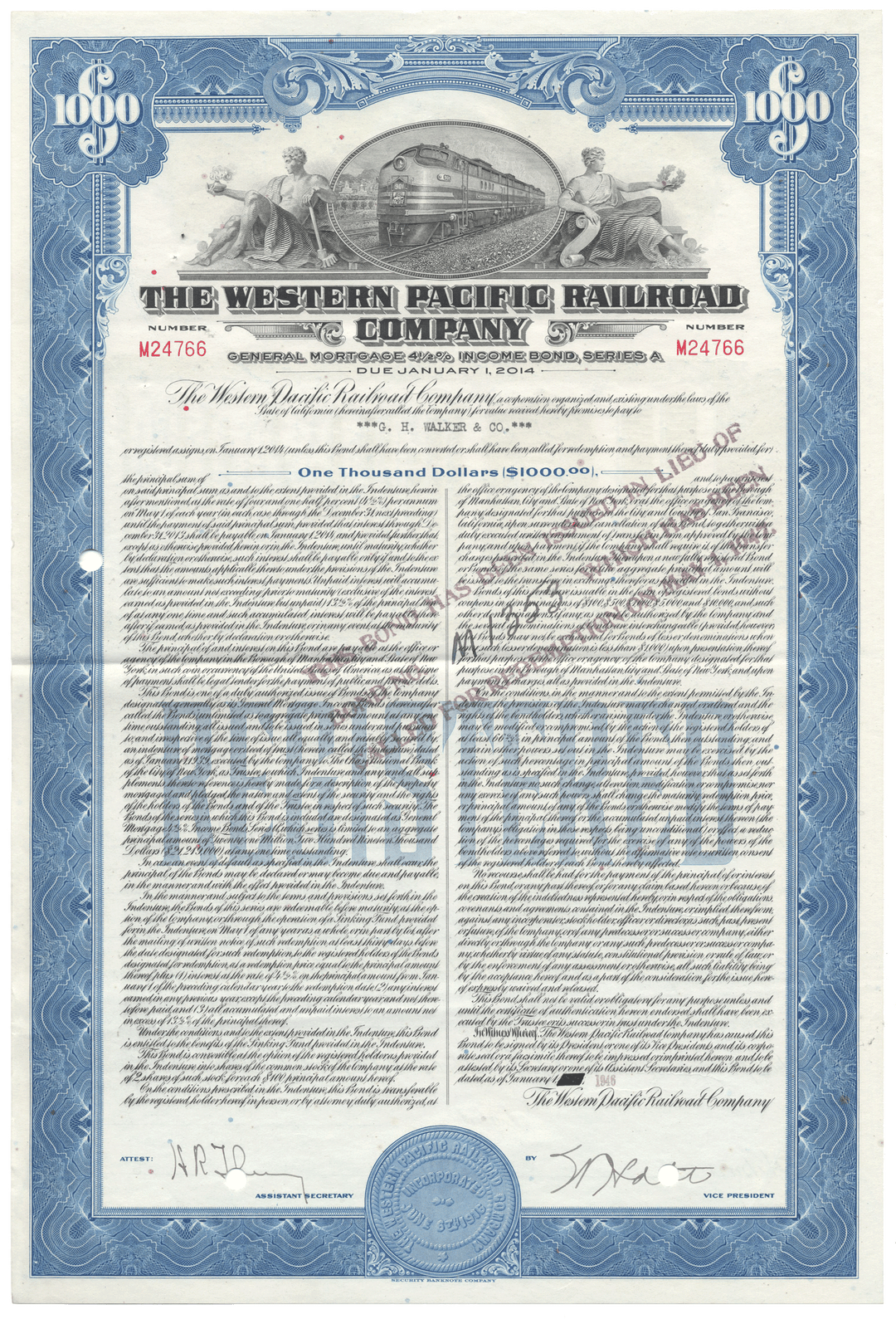 Bond Certificate of The Western Pacific Railroad Company from 1946