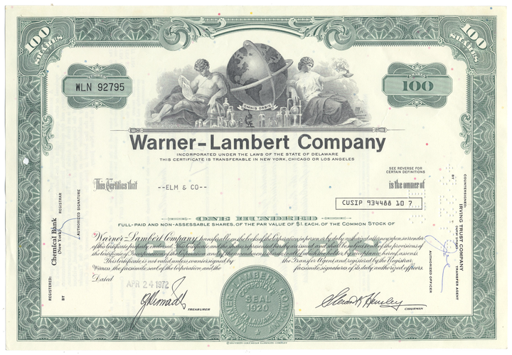 Warner-Lambert Company Stock Certificate