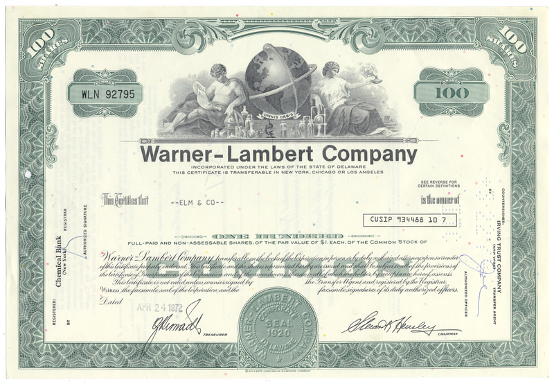 Warner-Lambert Company Stock Certificate