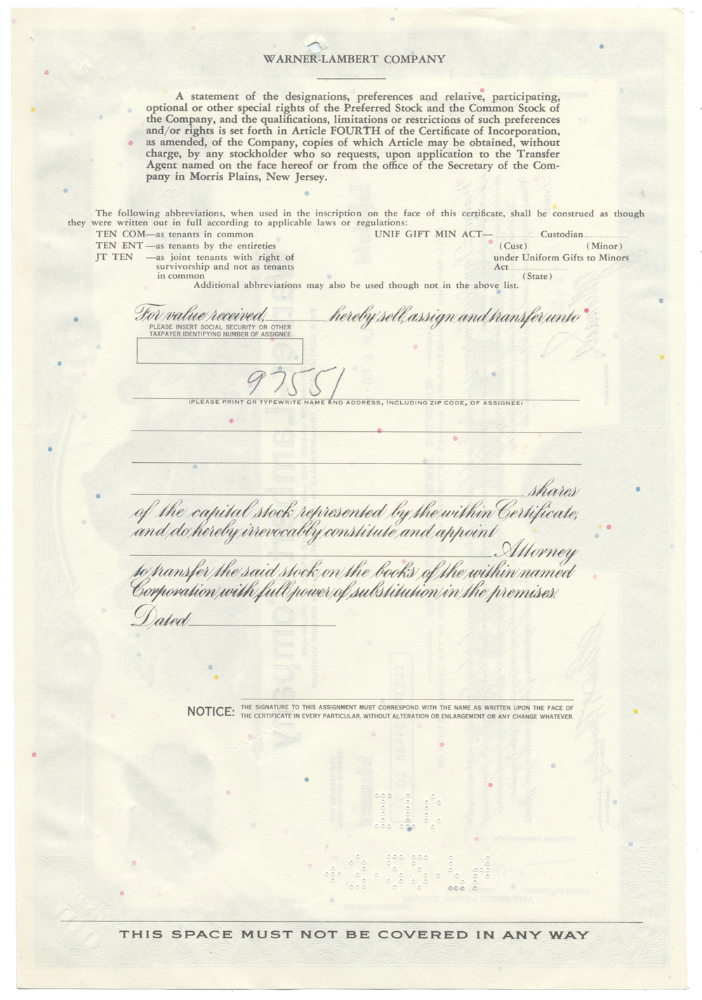 Warner-Lambert Company Stock Certificate