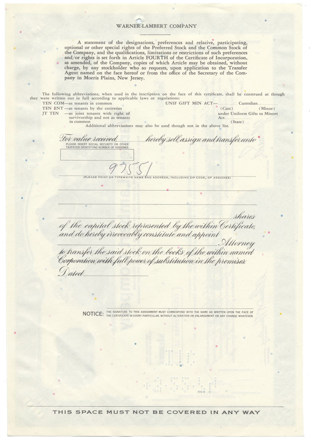 Warner-Lambert Company Stock Certificate