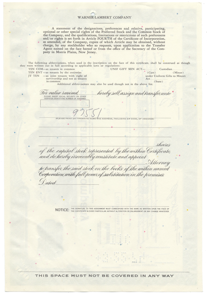 Warner-Lambert Company Stock Certificate