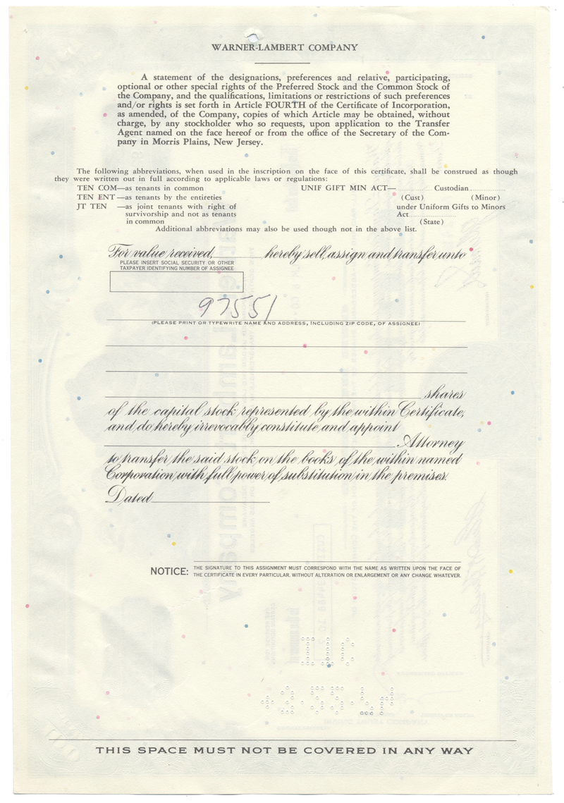 Warner-Lambert Company Stock Certificate