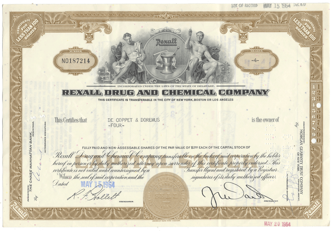 Rexall Drug and Chemical Company Stock Certificate