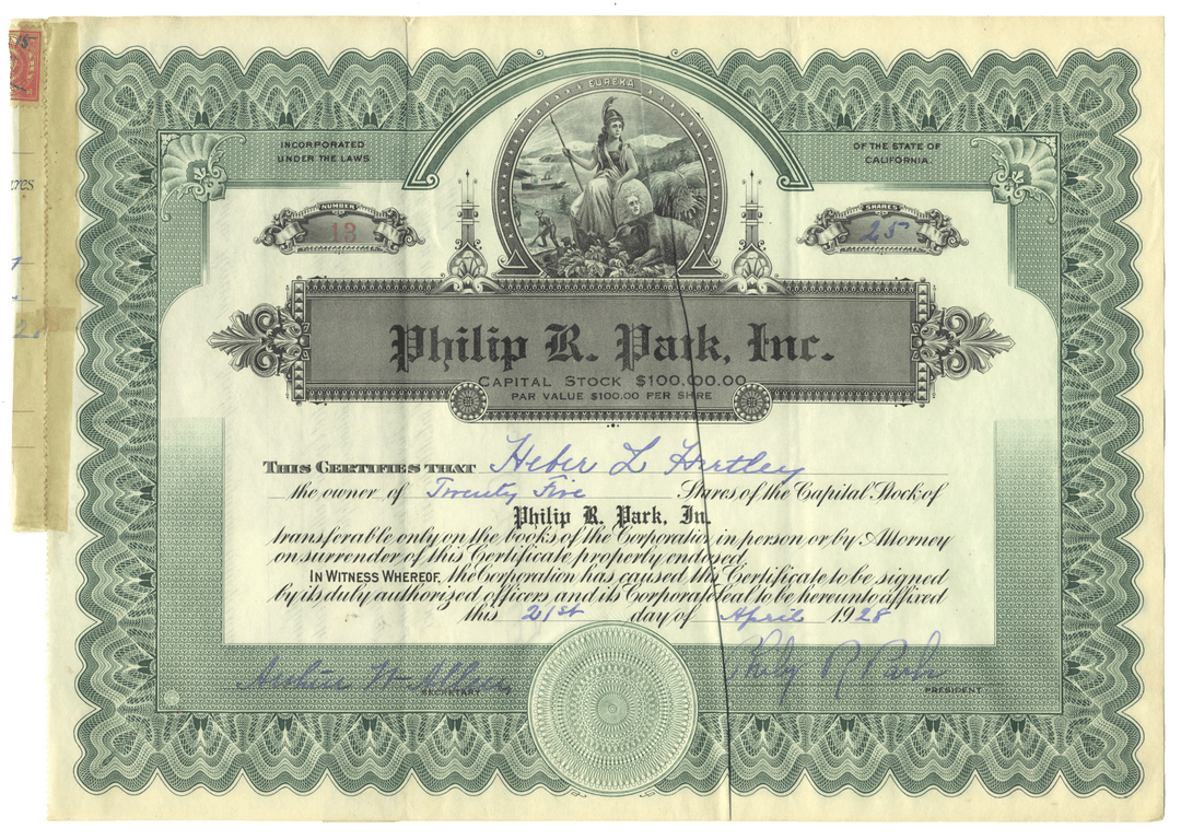 Vintage stock certificate for Philip R. Park, Inc. from 1928