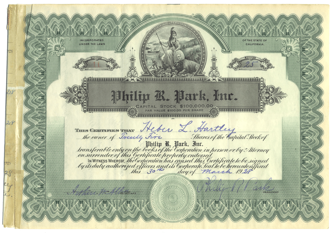 Vintage stock certificate for Philip R. Park, Inc. with decorative elements and signature.