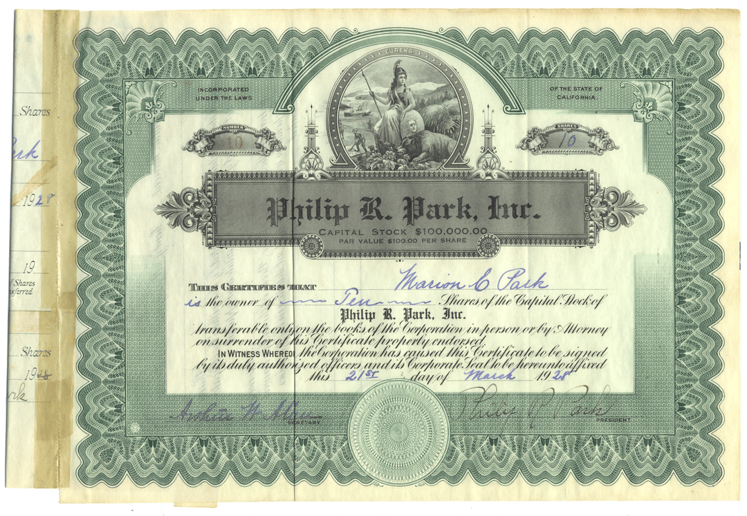 Vintage stock certificate for Philip R. Park, Inc. with decorative elements and signatures dated 1928