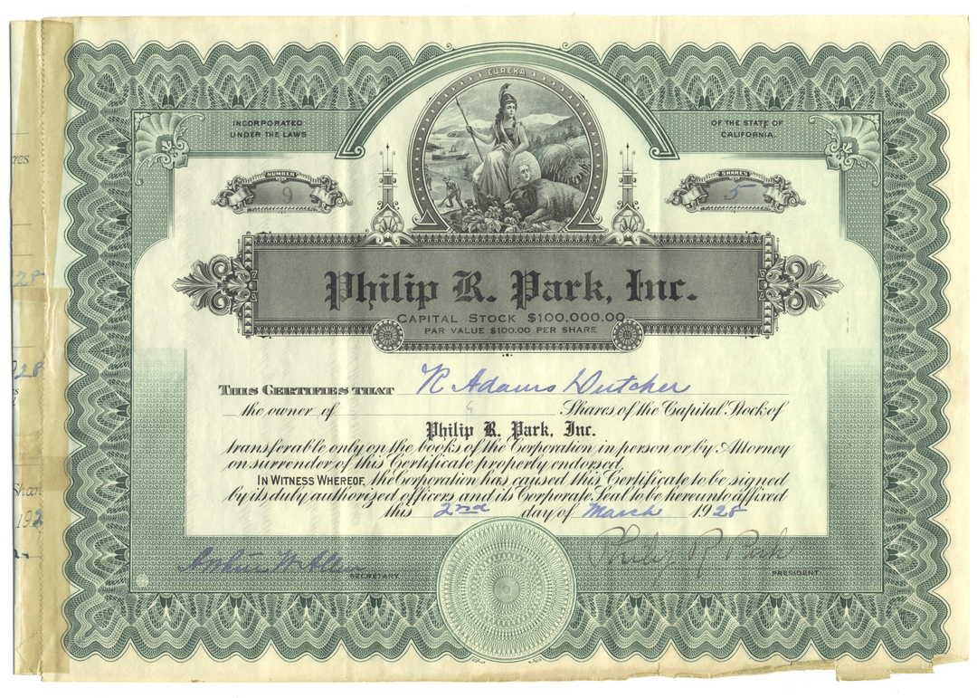Vintage stock certificate for Philip R. Park, Inc. with decorative elements and text from 1928